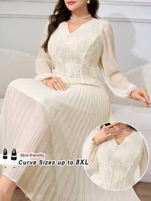 SHEIN CURVE+ Váy dài dáng chữ A màu mơ thanh lịch dành cho nữ cỡ lớn, cổ chữ V, tay phồng, gấu váy xếp ly, váy cưới màu trắng cổ điển. - Màu be - Xem 8