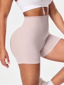 Seamluxe SHEIN Sport 女士无缝高腰塑身运动短裤，夏季 - 米色 - 查看 4