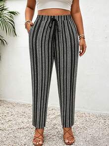 SHEIN Frenchy Plus Size Striped Floral Pattern Tie-Front Casual Pants With Pockets - Multicolor - View 3