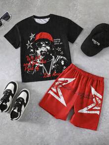 Coolqubz Tween Boys' Casual Fashionable Street Hiphop Graphic Print Short Sleeve T-Shirt And Shorts Set, Summer - Red - View 3
