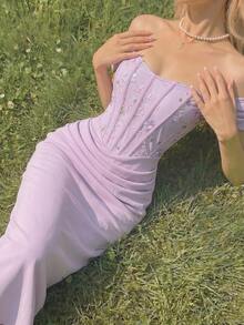 SHEIN MOD 紫色露肩刺绣鱼骨边连衣裙 - 紫色 - 查看 4