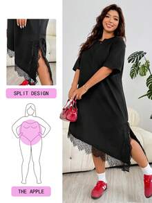 Vestido de uso diario de talla grande, unicolor, minimalista, con parches de encaje, cuello redondo y manga corta - Negro - Ver 1