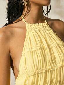 Easelle Conjunto de top halter sin espalda y falda de cintura baja de estilo romántico para vacaciones en color amarillo mantequilla, conjunto de 2 piezas para mujer, conjunto de verano para vacaciones - Amarillo - Ver 4