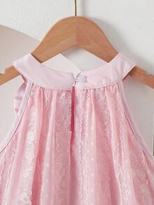 SHEIN Vintaside Kids 女童优雅公主吊带提花刺绣双层荷叶边宽松公主裙，适合度假、旅行、派对、送礼、春秋季穿着 - 粉色 - 查看 9