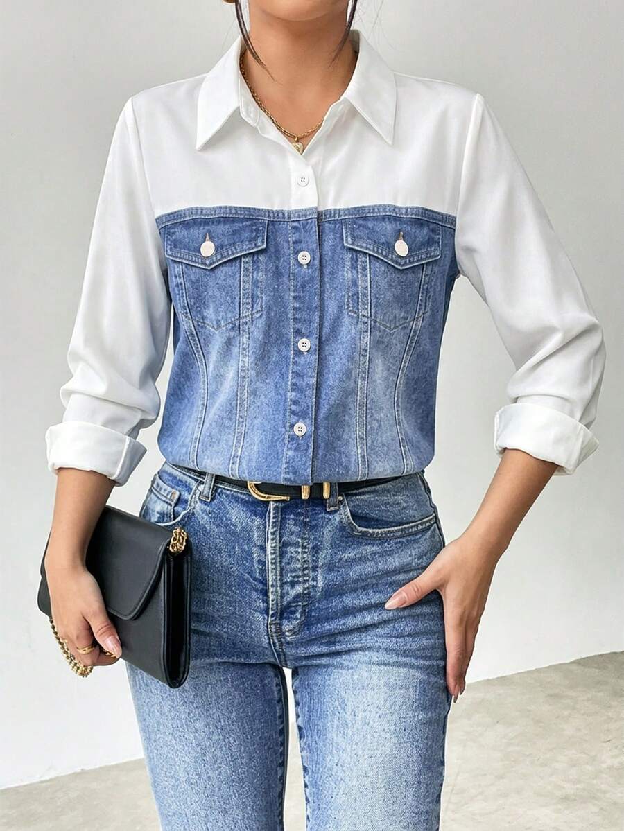SHEIN Clasi 女士休闲牛仔效果纽扣长袖衬衫，秋季款 - 彩色 - 查看 1