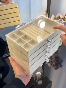 1 pieza Organizador de joyería de gran capacidad con forro de terciopelo y cajones, caja de exhibición apilable de acrílico con múltiples compartimentos para tocador y mesa de vestir - Multicolor - Ver 4