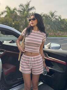 SHEIN Muchic 女士休闲短裤套装，女士休闲装，美式复古条纹，女士街头风穿搭 - 彩色 - 查看 5