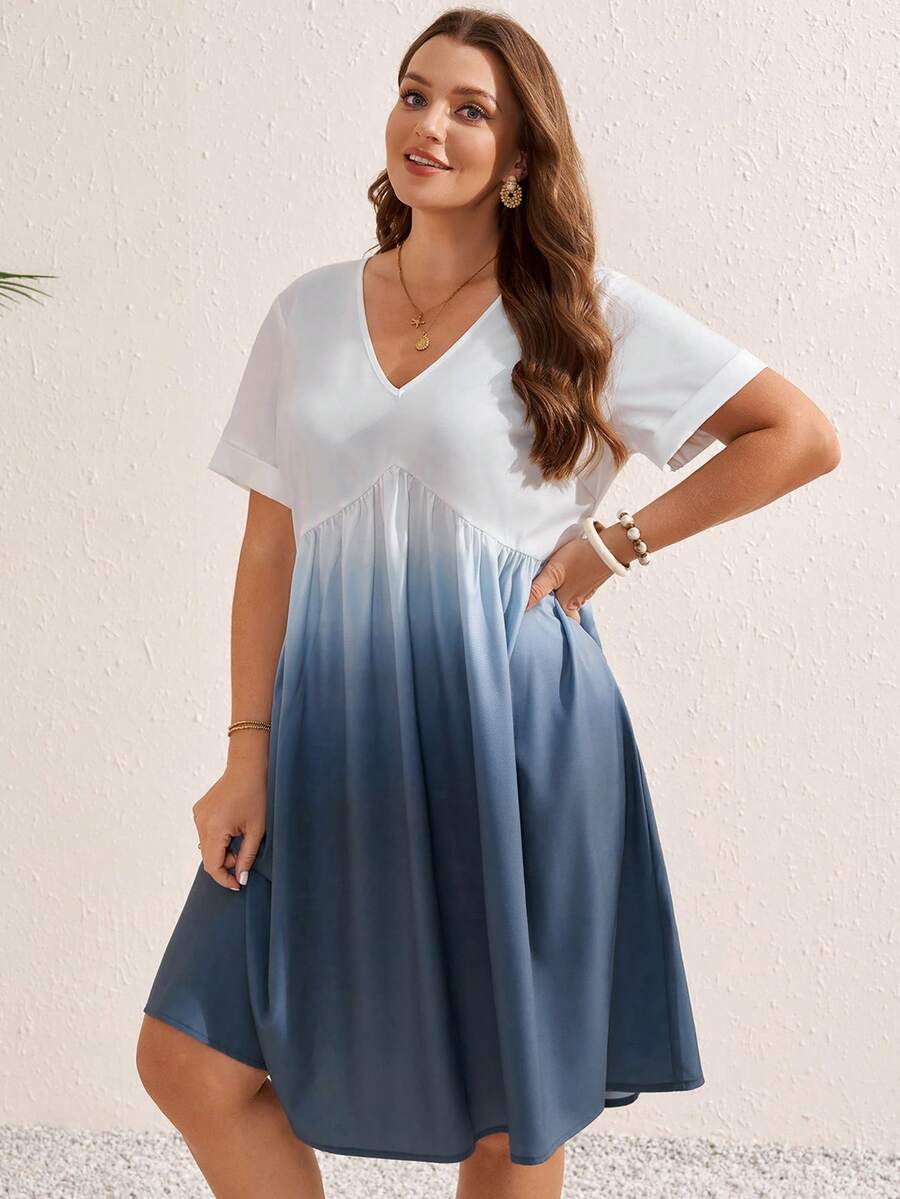 Rosumi Đầm ngắn tay cổ chữ V in hoa cỡ lớn dành cho nữ, thích hợp cho kỳ nghỉ hè. - Nhiều màu - Xem 1