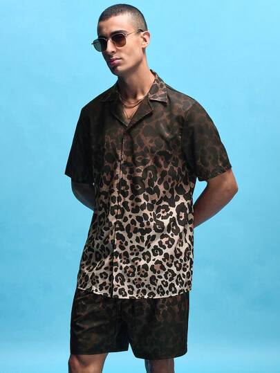 NobleFwd 2 件套男士渐变色豹纹休闲超大全印花短袖衬衫和配套短裤