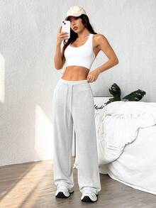 SHEIN Sports 休闲纯色宽松运动裤 - 淺灰色 - 查看 6