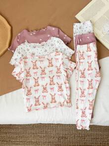 SHEIN LMoss Kids 女婴可爱卡通熊和花卉印花荷叶边圆领短袖上衣和裤子六件套休闲舒适针织睡衣套装 - 彩色 - 查看 2