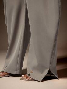 Vixey High Waisted Barrel Office Pants With Gold Button Cuffs - Grey - View 3