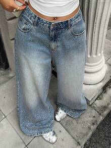 Dazy Plus Plus Size Women's Casual Elegant Gradient Rhinestone Design Loose Straight Leg Jeans, Suitable For All Seasons - Light Wash - View 7