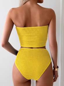 Swim Basics 女士纯色抹胸式吊带背心泳衣套装，包含上衣和三角泳裤，适合夏季度假。 - 黃色 - 查看 3