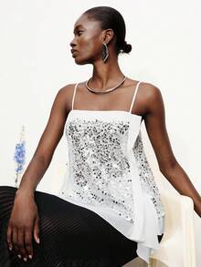 Aveloria Modichic Cami Tank Top Blouse Loose A-Line Sequin Textured Chiffon Spaghetti Strap Layered Draped Hem Elegant Chic White Party Summer Business Professional Women Sequin Embroidery Solid Summer Tops Blouses For Women Summer Outfits For Women Sexy Tops Sequin Top Holiday For 28°C Above High Temperature - Multicolor - View 1