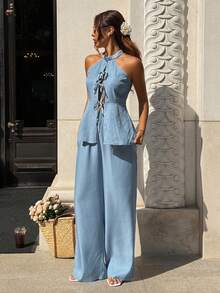 DAZY 女士露背吊带镂空系腰宽松牛仔连体裤 - 藍色 - 查看 5