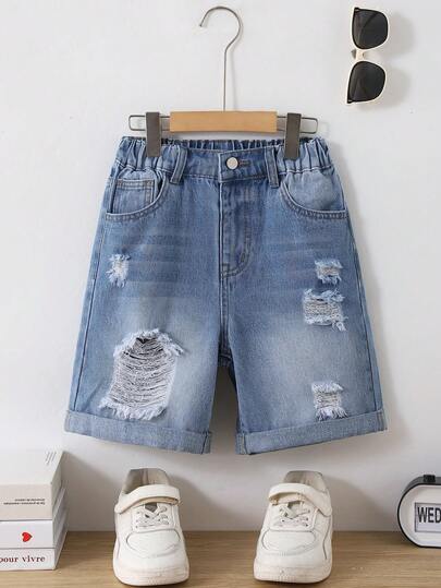 SHEIN Vacaura Tween BoySummer Casual Street Cool Minimalist Fashion Ripped Denim Elastic Waist Shorts, Mid-Blue Washed, Soft Cotton, Suitable For Daily Wear, Outdoor Activities, Travel, Family Events, Parties