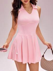 Sovereign Charm Women's Sleeveless Polo Collar Fitted Light Pink Tennis Dress,Summer Cute Golf Workout Clothes With Phone Pocket Shorts,Slim Fit Casual Sports Dress - Pink - View 7