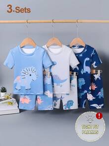 SHEIN Playful Pals 6pcs/Set Young BoyCartoon Galaxy & Ocean Animal Print Snug Fit T-Shirt And Shorts Pajama Set - Multicolor - View 5