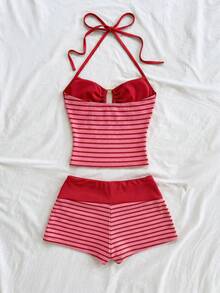 Soleia 两件套度假休闲条纹针织纹理金属扣吊带露脐上衣和短裤套装，适合派对、情人节、约会之夜、夜店、波西米亚风、复古风、假日等场合。 - 紅色 - 查看 2