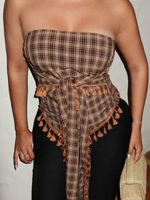 Maria Perezxox 法式复古格子流苏蝴蝶结短款吊带背心 - 棕色 - 查看 3