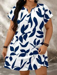 SHEIN LUNE Casual Minimalist Color Block Pattern Loose Short Sleeve Plus Size Dress, Suitable For Summer - Navy Blue - View 6