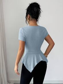 SHEIN Elenzya 女士华夫格针织V领短袖不对称荷叶边下摆优雅浪漫休闲T恤，春夏款 - 藍色 - 查看 2