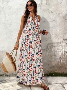 SHEIN LUNE White Floral Summer Boho Sexy Vacation Holiday Sleeveless Metal Buckle Detail Hollow Out Pleated Maxi Dress For Women Beach Golf Outfit Casual Dress - Apricot - View 6