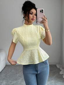 Elenzga Nouvelle blouse d'été pour femmes avec col montant, manches à volants en forme de pétale et ourlet à volants - Jaune clair - Voir 5