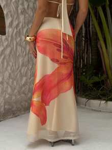 BiaLiraa 针织网眼印花低腰紧身美人鱼下摆女式裙子 - 杏色 - 查看 3