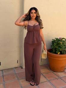 棕色编织亚麻背心和裤子套装 - 棕色 - 查看 3