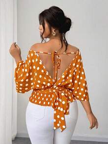 Elenzga Áo kiểu dáng thanh lịch cổ điển chấm bi tay dài buộc dây dành cho người có thân hình đầy đặn - Màu vàng - Xem 2