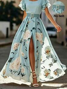 EMERY ROSE Falda larga con abertura de cintura alta con estampado floral en verde menta - Verde - Ver 3