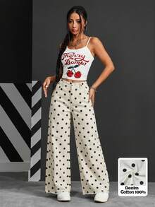 SHEIN PETITE Women's High Waist Polka Dot Pocket Wide Leg Loose Casual Jeans - Black and White - View 2