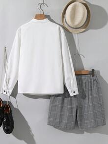 两件套儿童/青少年男童休闲校服套装，包括一件长袖衬衫和一条格子短裤，绅士两件套 - 白色 - 查看 2