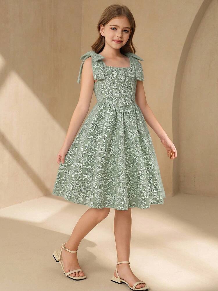 SHEIN Girls' Elegant Jacquard Floral Dress With Detachable Bow Strap Tween Spring Dress Spring Dresses For Girls Youth Girl Clothes Easter Dresses For Tweens Kids Dresses Girls Tea Party Dresses For Girls Vintage Dress For Girls Kids Dresses Girls 13 To 14 - Green - View 6