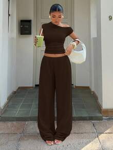 Muchica Women's Solid Color Ruched Asymmetrical Shoulder Top And Pants Casual Suit Occasion Shades Of Brown Summer,Summer Outfits For Women - Chocolate Brown - View 6