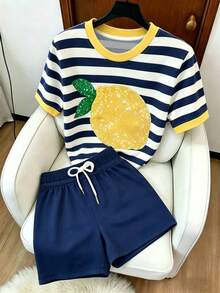 Resyla Bộ đồ hai mảnh kẻ sọc in hình chanh dành cho nữ, thích hợp mặc hàng ngày. - Nhiều màu - Xem 4