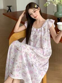 DAZY 夏季甜美卡通小狗印花荷叶边系领宽松女士睡裙 - 白色 - 查看 5