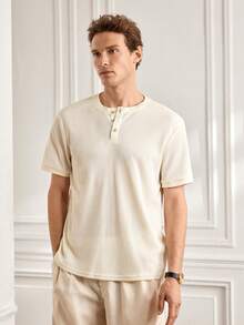 Officeau Camisa polo de manga corta con cuello henley, textura de gofre y unicolor casual para hombre, verano - Beis - Ver 4