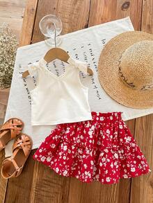 SHEIN LMoss Kids LMoss Baby Girl Knit Solid Color Camisole + Printed Chiffon Mini Skirt 2 Pieces Set - Multicolor - View 1
