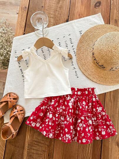 SHEIN LMoss Kids LMoss 女婴针织纯色吊带背心 + 印花雪纺迷你裙两件套