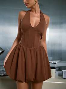 Hauture Vestido mini de mujer con detalle de corsé, elástico y bajo de burbuja, color marrón café, verano, elegante, cita nocturna, escote, fiestas de vacaciones, hora del cóctel, atuendo de boda - Marrón - Ver 5
