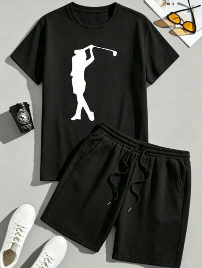 Hombre002y007 Conjunto de camiseta estampada negra y pantalón corto negro, envío desde México, ropa deportiva funcional, cómoda y transpirable, para fútbol y baloncesto