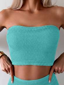Swim Basics 女款青色抹胸比基尼上衣與褲子套裝，度假海灘夏季性感款 - 霧霾藍 - 查看 6