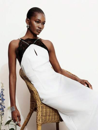 Aveloria Modichic Contrast Color Lace Trim Elegant Satin Chest Hollow Cinched Waist Dress, Versatile And Sophisticated