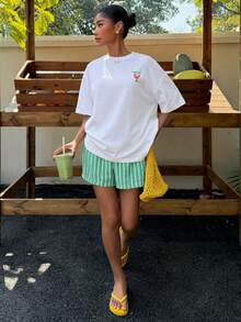 SHEIN Muchic Áo thun nữ dáng rộng, cổ tròn, tay ngắn, in hình tôm hùm, màu trắng, thích hợp cho mùa hè. - trắng - Xem 6