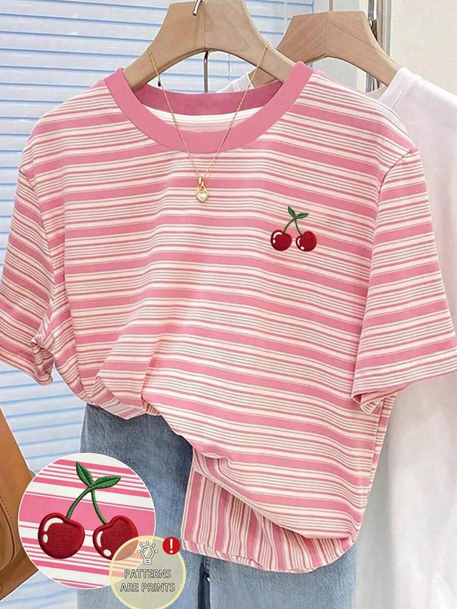 Young Girl Summer Pastel Pink Striped T-Shirt,Vintage Colorblock Cherry&Fruit Print Round Neck Short Sleeve Top,School Daily Wear Classic Retro Style - Multicolor - View 1