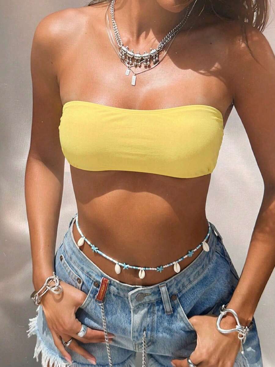 Swim Mod Women's Backless Halter Bikini Top, Sexy Beach Vacation Swimwear Tube Top Bathing Suits Bathing Suit Tops For Women Yellow Bathing Suit Top - Yellow - View 1