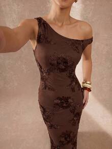 Lumalex 薄荷绿不对称肩部无袖修身网纱连衣裙，春夏新品 - 棕色 - 查看 4